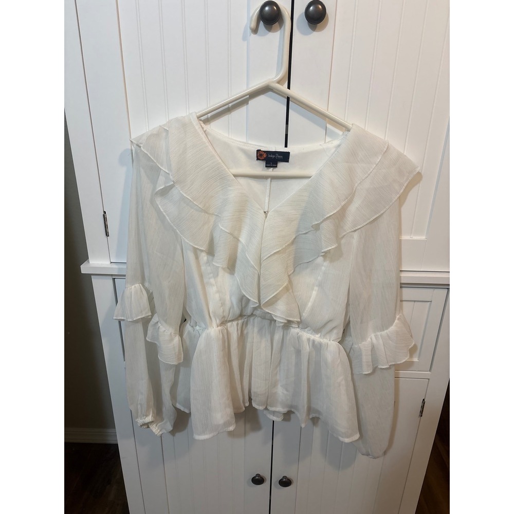 Cottagecore Boho Indigo Poppy Ruffle Peplum Blouse Womens L White Fairycore